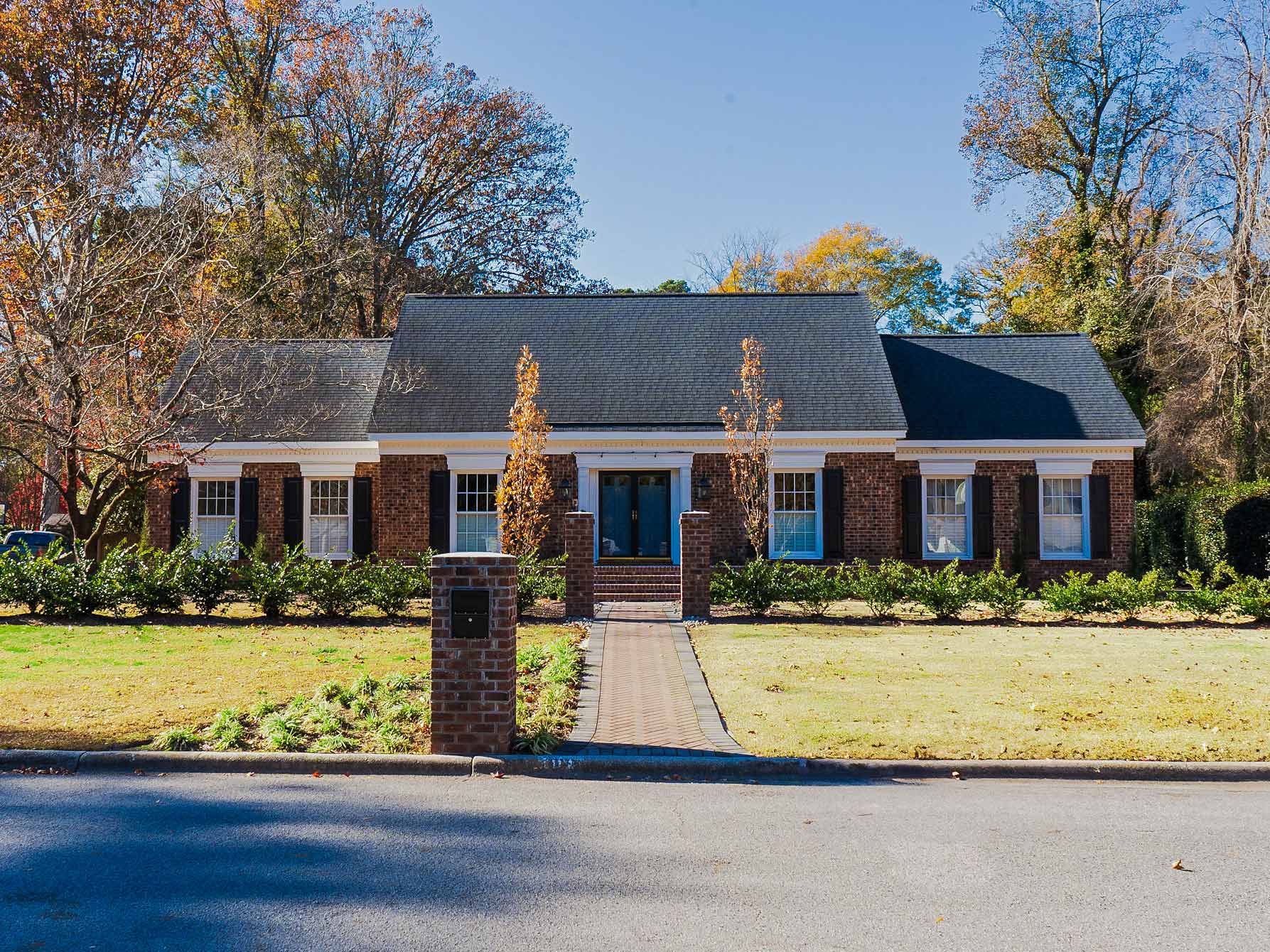 Brick Cape Cod home — front elevation, alternate angle.