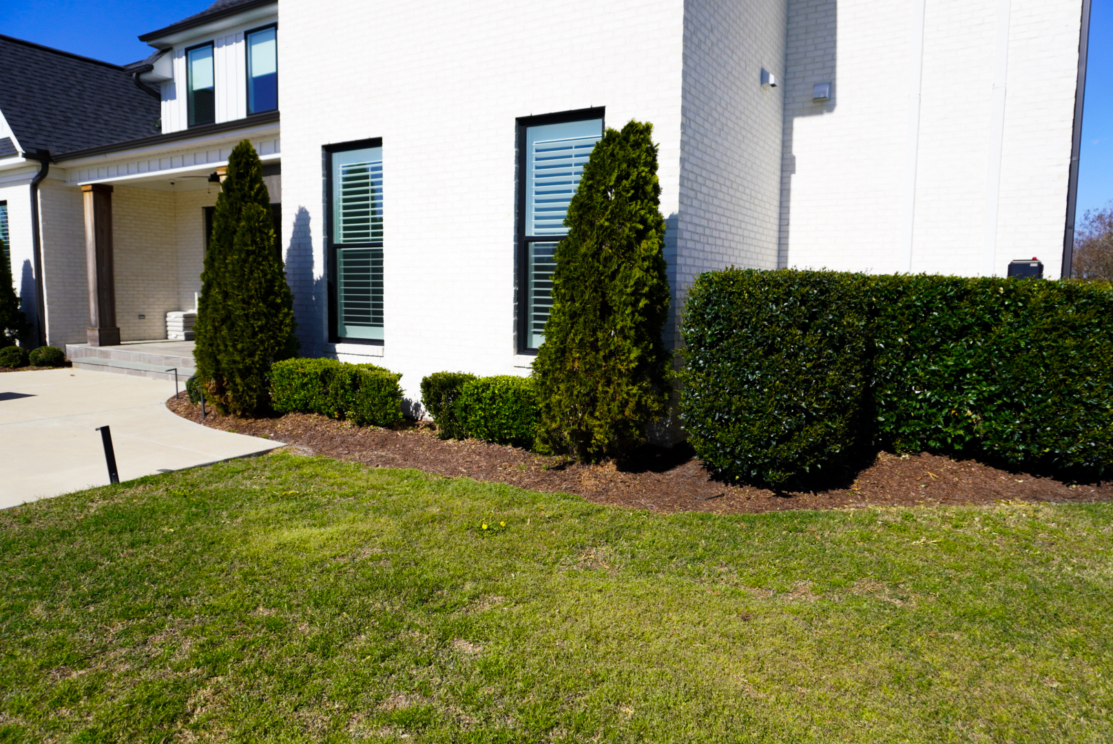 White-brick front entry with paver walk and topiary.