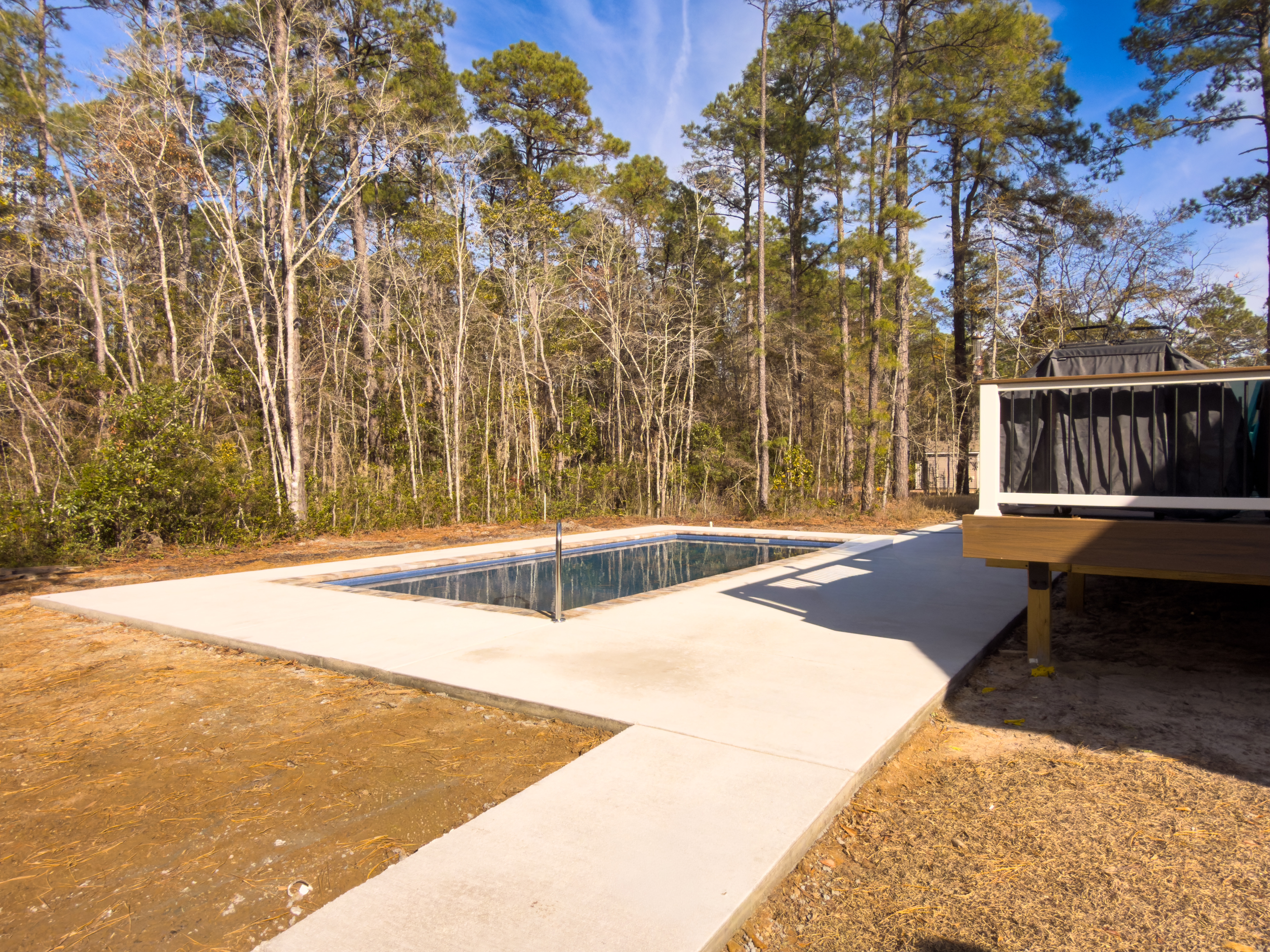 Small rectangular pool in a wooded yard.